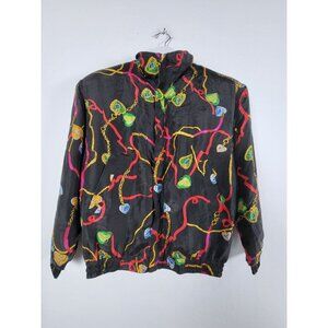 A.M. Studio Womens Jacket Medium Black Geometric Silk Satin Full Zip Lightweight
